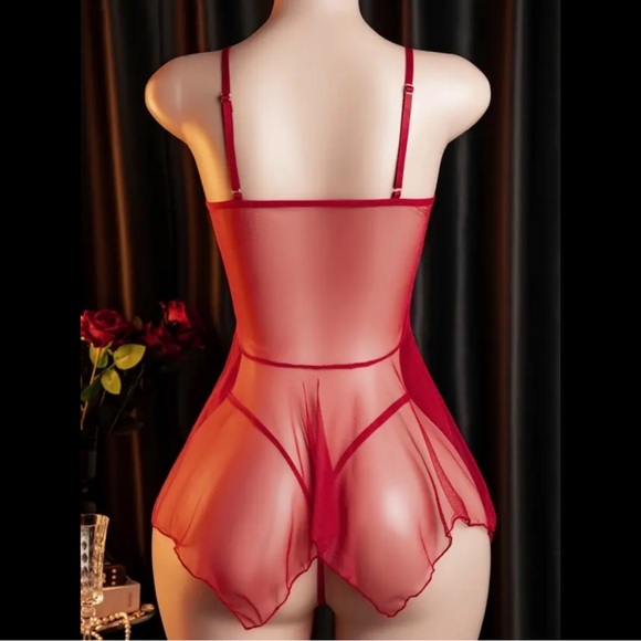 Red, Sheer, Draped, Lace, Lingerie Set - Picture 2 of 6
